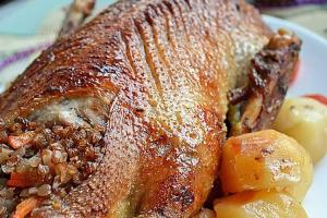 Фаршированный гусь с копчеными колбасками и черносливом.